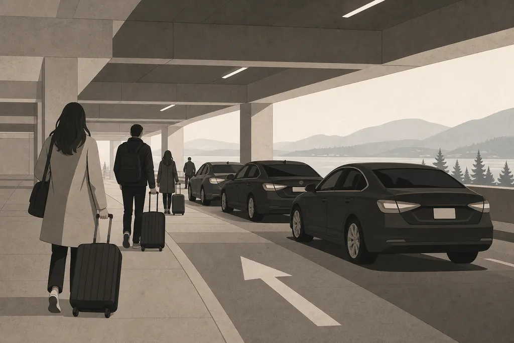 Travellers walk with luggage along a garage deck past a queue of waiting sedans, painted lane arrows on the floor.