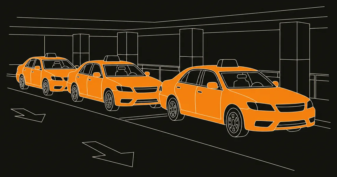 A line drawing of three orange taxicabs queued nose to tail on a parking-garage deck, plain painted floor arrows in front of them and square columns behind.