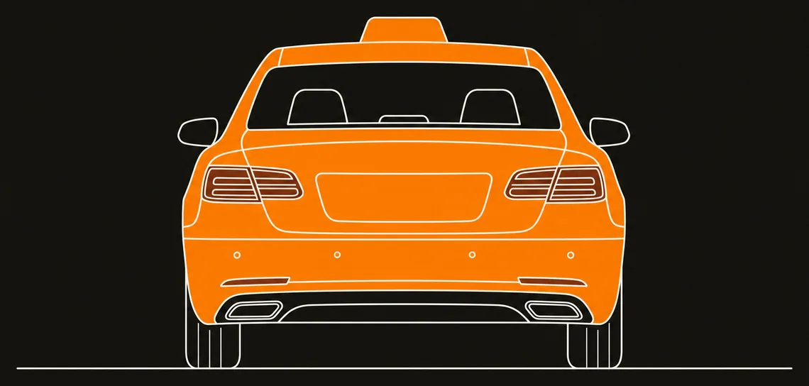 A line drawing of an orange taxicab seen straight from the rear in flat elevation, with a plain unlettered roof sign and a blank rear panel, standing on a single ground line.