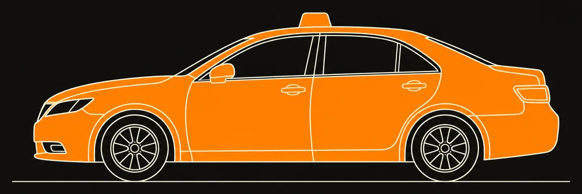 A line drawing of a four-door taxicab in side elevation, its bodywork filled solid orange against a dark ground, a plain unlettered roof sign above the windscreen and a single line for the road.