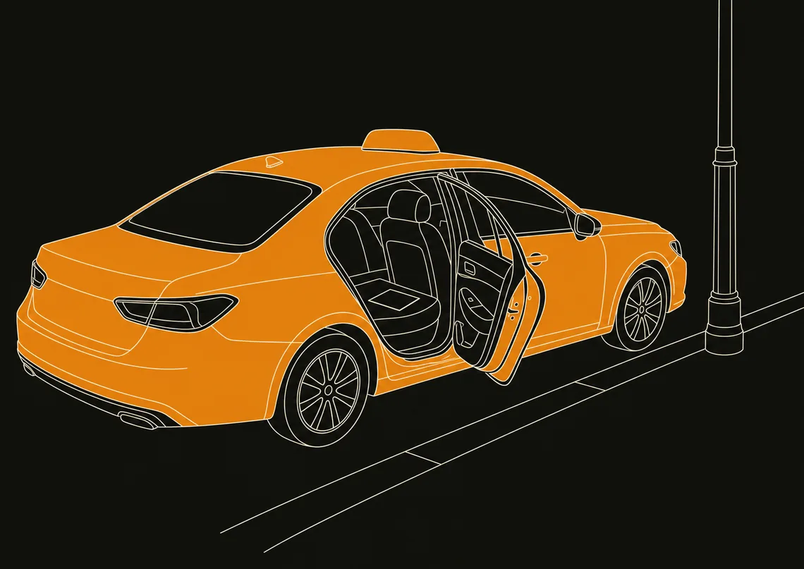 A line drawing of an orange saloon taxicab at a kerb, seen from behind and to one side, its near rear door standing wide open on the empty back seat, a street lamp beside it.