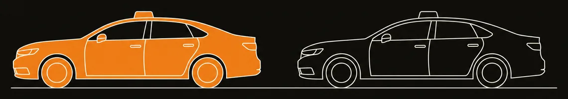 A line drawing comparing two identical taxicabs side by side in flat elevation: the left one filled solid orange, the right one drawn as an empty outline.