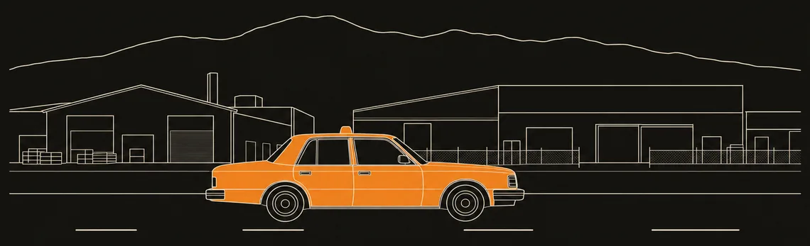A line drawing of a single orange taxicab on a straight two-lane arterial, low warehouse sheds along the roadside and a ridge line drawn behind them.