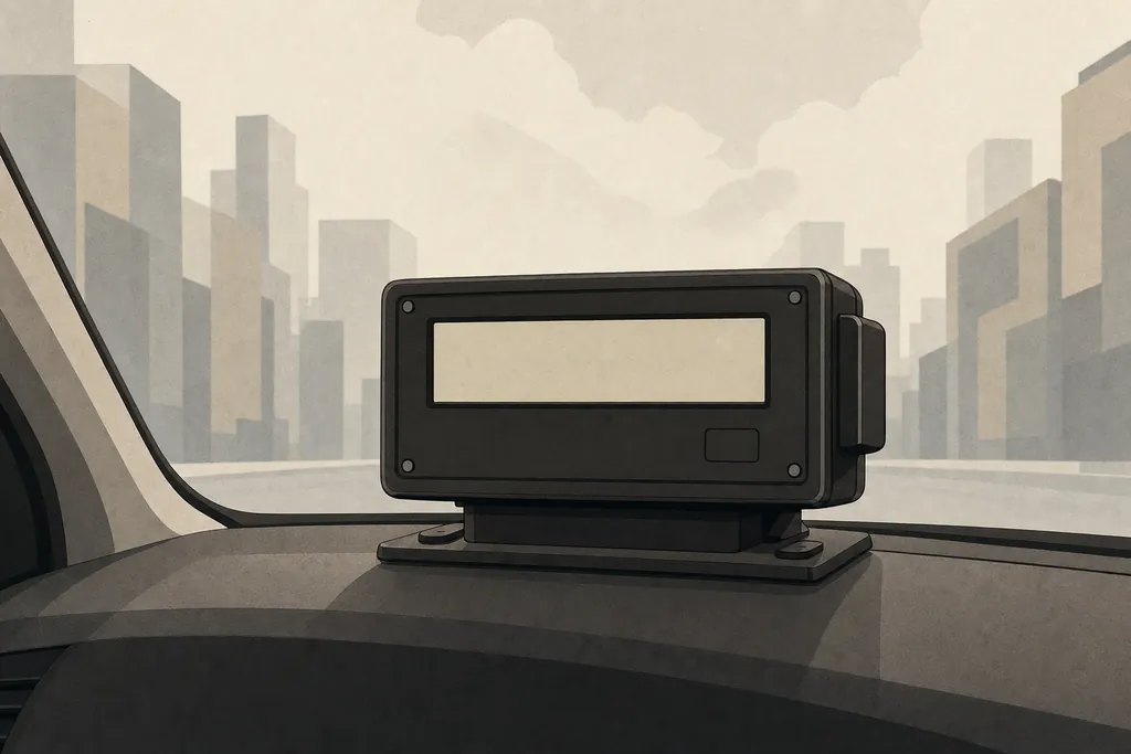 A plain meter unit mounted on a taxi dashboard, its face blank, the driver&rsquo;s hands on the wheel and the city beyond the windscreen.